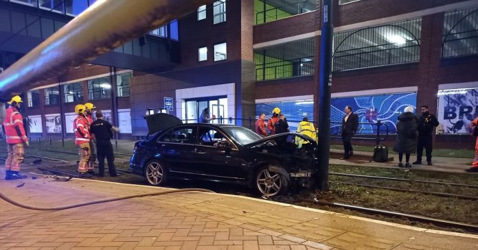 Tram disruption at Salford Quays after car crashes on to Metrolink tracks

